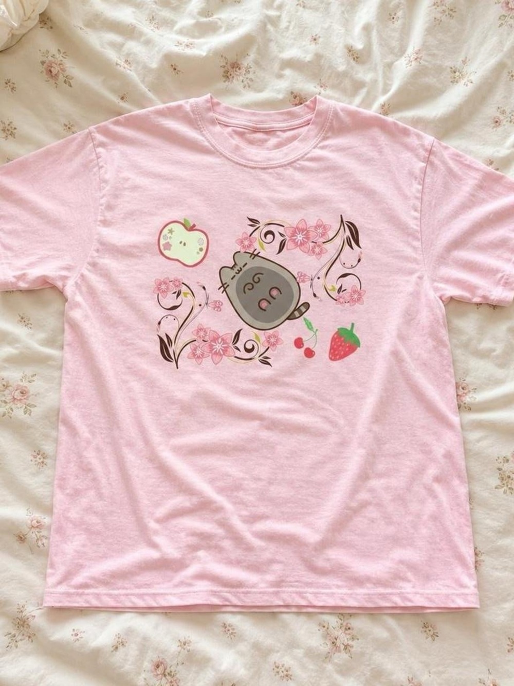Gildan Pink Pusheen Floral Cat & Fruit Graphic Tee